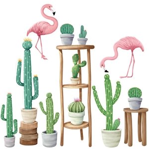 Nordic wall stickers with watercolor flamingos, cacti, and wooden shelves on white background