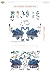 Detail showing layout dimensions and watercolor blue swan wall sticker assembly size