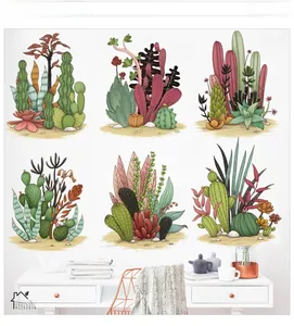 Detailed view of hand-drawn succulent wall stickers with cactus and aloe vera plant motifs