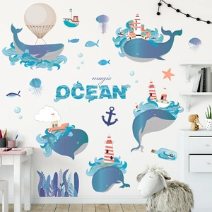 Blue ocean whale and lighthouse wall decals for a magical kids room nautical theme decor