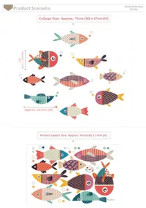 Detail of waterproof cartoon tropical fish wall stickers with size layout and dimensions
