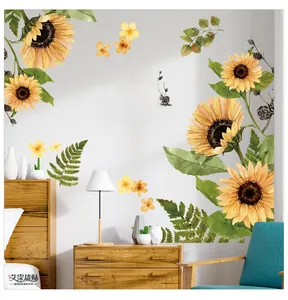 Sunflower wall stickers with Hello Sunshine text in a cozy bedroom setting