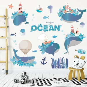 Blue ocean whale and dolphin wall stickers set for children's room decoration