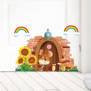 Sticker Mural en PVC Trou de Souris Tournesol Arc-en-Ciel Autocollants Imperméables Amovibles pour Chambre d'Enfant Décoration Maison