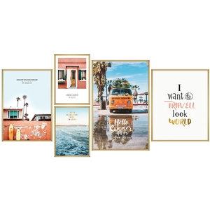 Coastal travel 5-piece wall art set with beach scenes and vintage van in gold frames