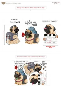 Detailed view of self-adhesive pug wall stickers with dimensions and application layout