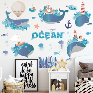 Cartoon blue whale ocean theme wall stickers with sailboat and lighthouse for nursery
