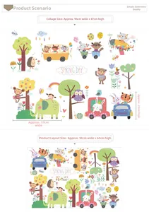 Detailed sheet showing 90x60cm layout and 96x67cm assembly size for animal wall stickers