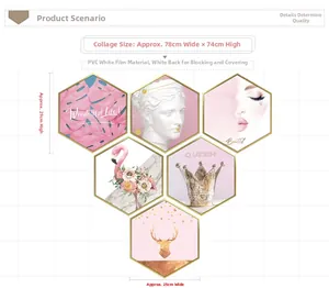 Hexagonal wall sticker set with pink flamingos and gold leaves, size 78x74cm