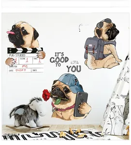 Detailed view of self-adhesive pug wall stickers for bedroom with cartoon dog designs