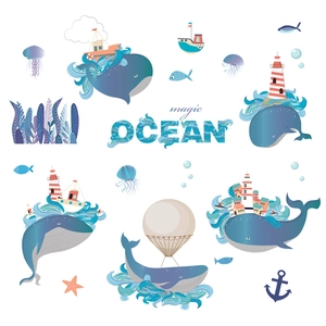 Whale and dolphin ocean wall stickers with fantasy lighthouse for kids bedroom decor