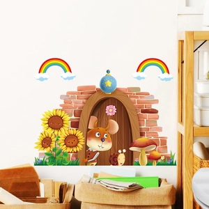 Stickers muraux maison de souris dessin animé avec tournesol pour chambre enfant