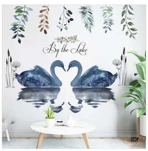 Detail of Nordic swan lake wall sticker with blue watercolor leaves and heart pattern
