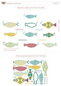 Detail of waterproof fish wall stickers showing dimensions and layout for home decor
