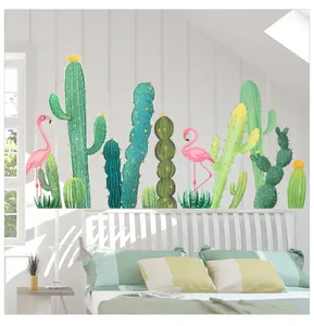 Décoration murale de chambre avec stickers flamant rose et cactus vert en détail