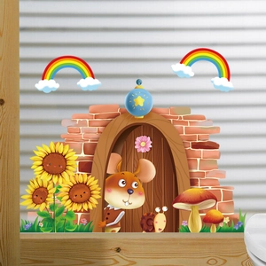 Stickers muraux dessin animé souris et arc-en-ciel pour décor de chambre d'enfant