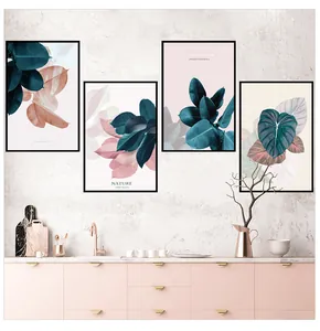 Close-up of four-piece Nordic leaf wall art set with pink and green botanical prints