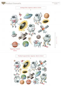 Detailed cartoon space wall stickers layout featuring astronauts and black hole elements