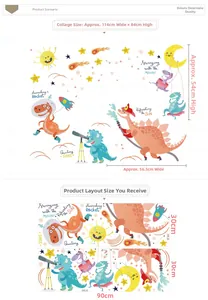 Detail of cute cartoon dinosaur wall stickers set showing 114x84cm scene and layout