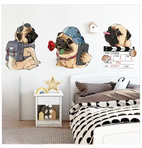 Nordic self-adhesive wall stickers featuring cartoon pug dogs in a cozy bedroom setting