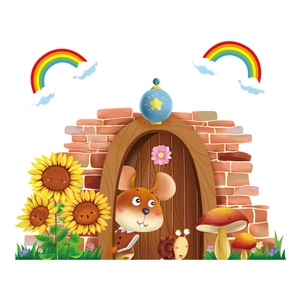 Stickers muraux trou de souris avec arc-en-ciel, champignons et tournesols pour enfants