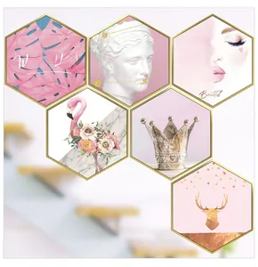 Detail of hexagonal wall stickers with pink flamingo and Nordic queen motifs, 6-piece set