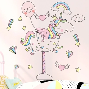 Rosa Süß Cartoon Einhorn Wandaufkleber Mit Regenbogen Sterne Wolken PVC Wasserdicht Wandtattoo Für Mädchen Kinder Schlafzimmer Deko
