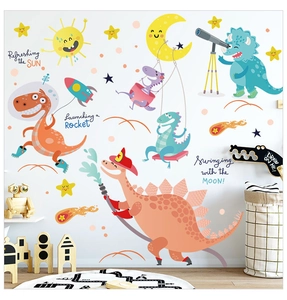 Detailed view of colorful cartoon dinosaur wall stickers with stars and space elements