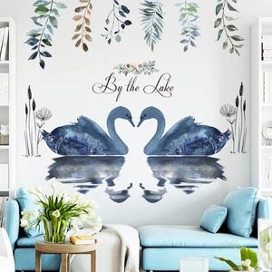 Watercolor Swan Lake PVC Wall Stickers For Living Room Bedroom Romantic Heart Shape Swan Couple Waterproof Home Decor Mural