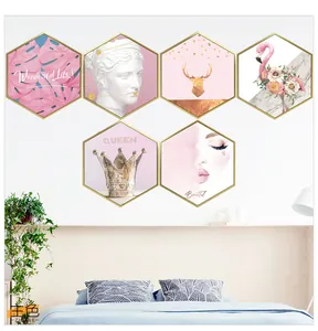 Modern Nordic hexagonal wall art set with pink flamingos and gold accents for bedroom