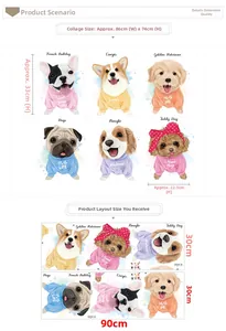 Cartoon dog wall decals showing layout and finished size of puppy sticker set
