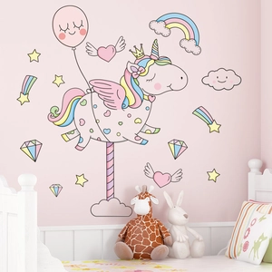Rosa Einhorn Wandaufkleber mit Regenbogen und Sternen für Kinderzimmer Wanddekoration