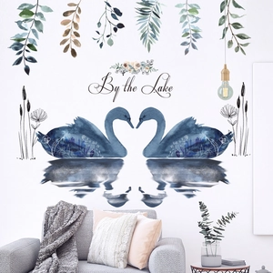 Modern Swan Lake wall sticker with By the Lake text and blue swans for living room decor