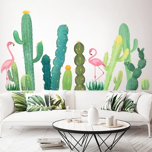 Stickers Muraux Nordique Frais Cactus Flamant Rose PVC Imperméable Plantes Tropicales Autocollant Pour Chambre Salon Décoration Maison