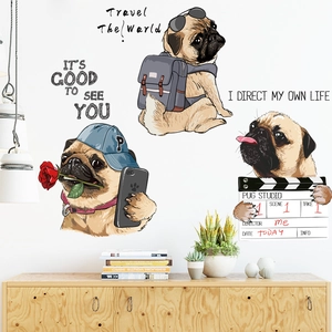 Nordic Style Cartoon Pug Dog Wall Stickers Motivational English Quotes Travel Director Pugs PVC Self Adhesive Wall Decals For Bedroom Living Room Decor