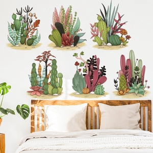 Waterproof cactus wall stickers featuring hand-painted succulent plants for bedroom decoration