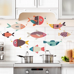 Waterproof colorful cartoon fish wall stickers set for kitchen tiles and home decor