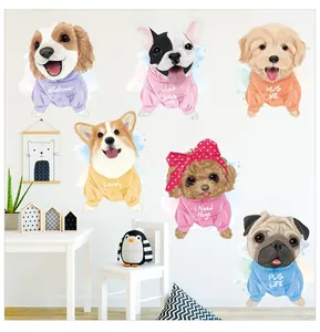 Detailed view of hand-drawn cartoon dog wall stickers on white wall in room setting