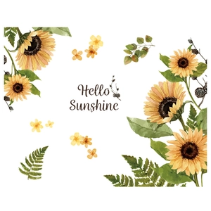 Sunflower wall decals with Hello Sunshine text and green leaves for room decoration