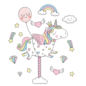 Rosa Einhorn Wandtattoo mit Regenbogen und Herzballons für das Mädchenzimmer Dekor