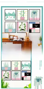 Detail of Nordic wall art set featuring minimalist green plants and abstract geometric shapes