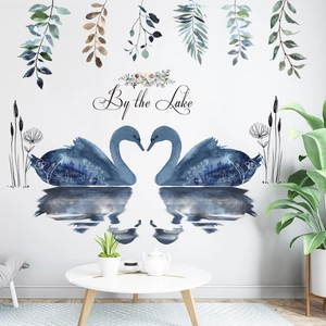 Modern watercolor swan lake wall decal with 'By the Lake' text for living room decor