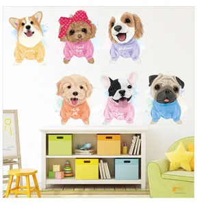 Detail of six cartoon dog wall decals wearing hoodies like Corgi and French Bulldog
