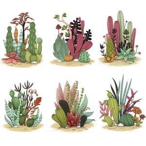 Waterproof self-adhesive cactus wall stickers with artistic 2x3 grid plant illustrations