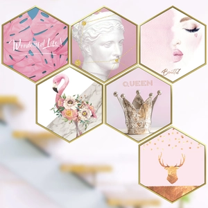 Nordic Hexagonal PVC Wall Stickers Pink Flamingo Floral Decorative Decal For Bedroom Living Room Wall Art DIY Mural