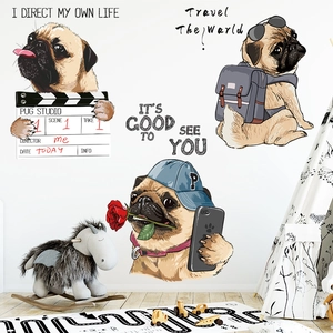 Nordic cartoon pug dog self-adhesive wall stickers for bedroom decor with cool slogans