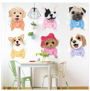Detail of six watercolor cartoon dogs in colorful hoodies for wall decoration