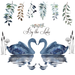 Minimalist swan lake wall sticker with watercolor blue swans and By the Lake art lettering