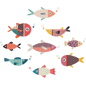 Waterproof removable cartoon fish wall stickers with geometric patterns for kitchen tiles