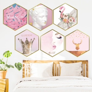 Pink flamingo and tropical leaf hexagonal wall art set with golden frames for bedroom